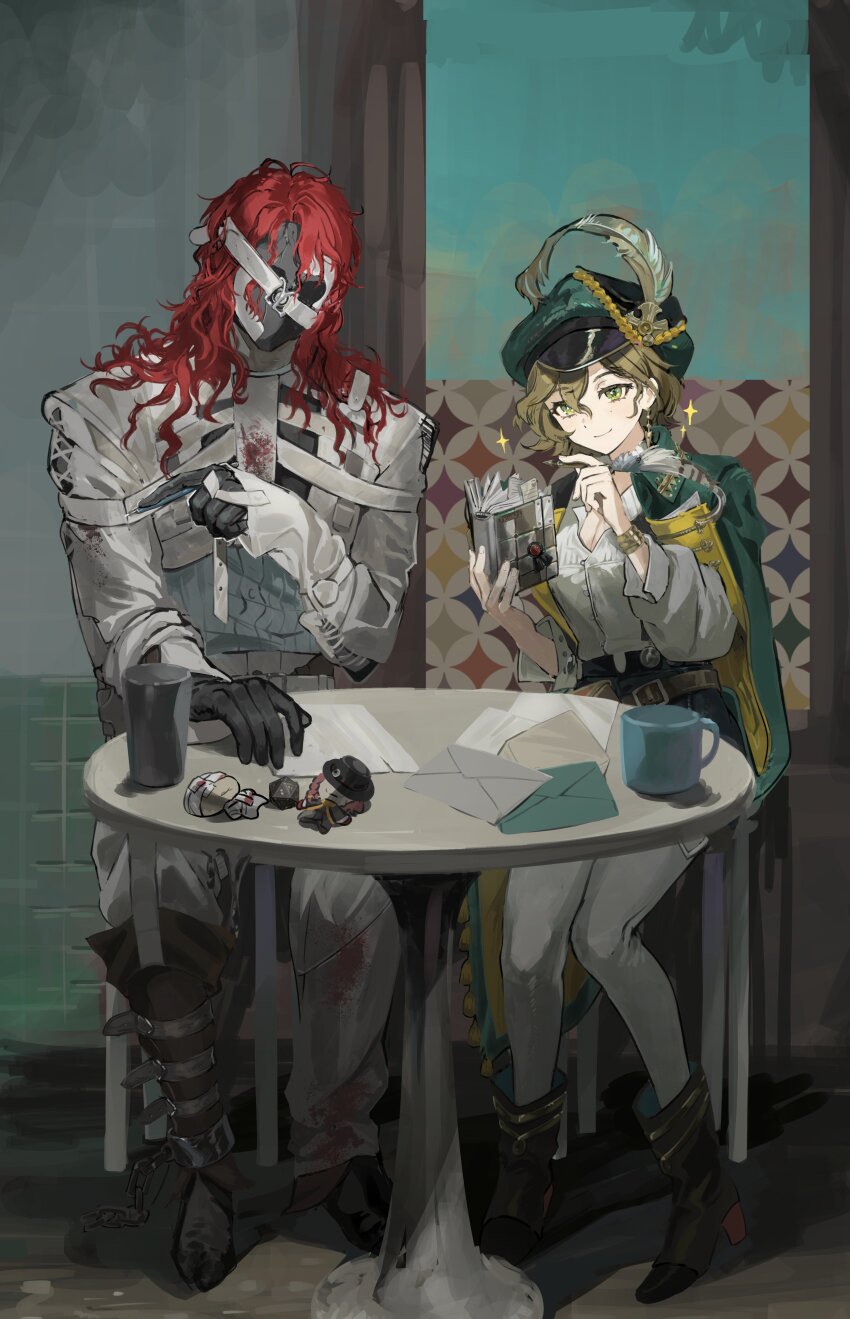 1boy 1girl absurdres aleph_(reverse:1999) ankle_boots azumame_tetora belt black_boots black_gloves black_mask black_shoes black_shorts black_vest boots bracelet brown_belt brown_hair cape chair character_doll closed_mouth covered_face cup dice doll earrings envelope facing_viewer full_body gloves green_cape green_eyes green_hat hand_on_table hand_up hat hat_feather highres holding holding_notebook holding_pen holding_quill indoors jewelry letter long_hair merlin_(reverse:1999) mole mole_under_eye notebook on_chair open_clothes open_vest pants pantyhose paper pen polyhedral_dice quill recoleta_(reverse:1999) red_hair reverse:1999 round_table shirt shoes short_hair short_shorts shorts sitting smile sparkle table the_idealist_(reverse:1999) vest white_pants white_pantyhose white_shirt