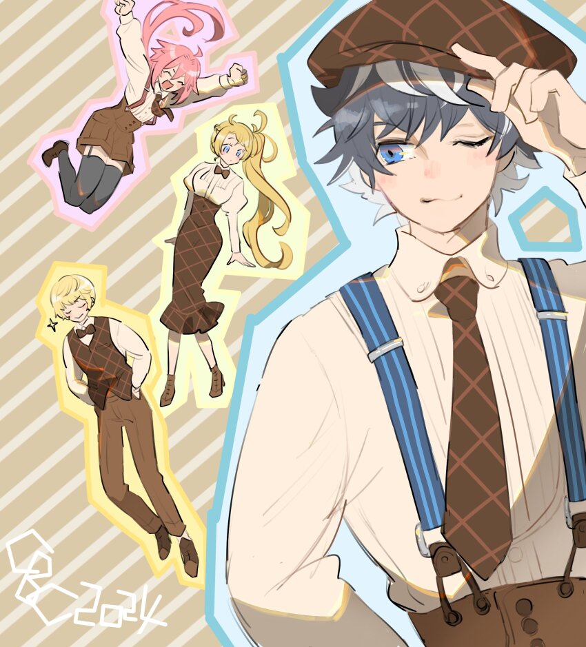 1girl 3boys ;3 adapted_costume alternate_costume astolfo_(fate) black_thighhighs blonde_hair blue_eyes bow bowtie bradamante_(fate) brown_bow brown_bowtie brown_footwear brown_headwear brown_necktie brown_pants brown_skirt charlemagne_(disguise_costume)_(fate) charlemagne_(fate) closed_mouth collared_shirt fate/grand_order fate_(series) grey_hair hands_in_pockets highres i_(mochi) multicolored_hair multiple_boys necktie official_alternate_costume one_eye_closed one_side_up pants pink_hair roland_(fate) shirt shirt_tucked_in skirt smile streaked_hair suspenders thighhighs two-tone_hair white_hair
