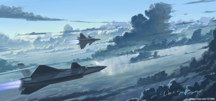 afterburner aircraft airplane canards chengdu_j-20 cloud highres jet military_vehicle original people&#039;s_liberation_army people&#039;s_liberation_army_air_force scenery shouhui_lang_qun signature vehicle_focus