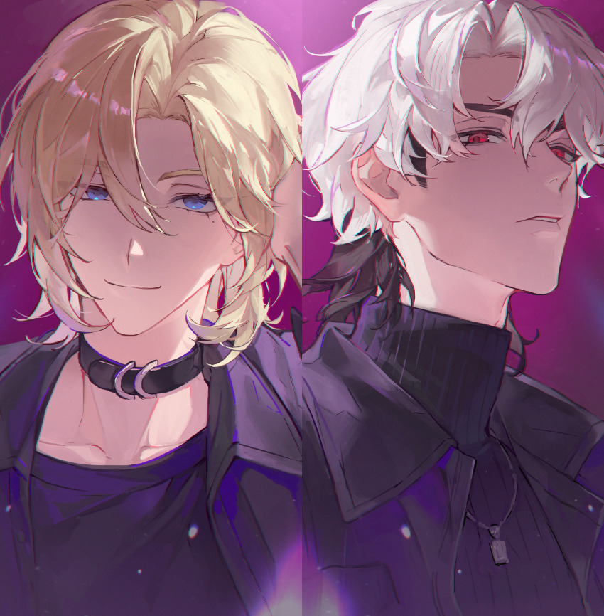 2boys absurdres black_choker black_jacket black_shirt blonde_hair blue_eyes choker eunho_(plave) hair_between_eyes hand_on_own_head highres jacket jewelry k-pop looking_at_viewer male_focus medium_hair mole multiple_boys necklace noah_(plave) parted_bangs plave purple_background red_eyes shirt smile turtleneck ven0305 white_hair