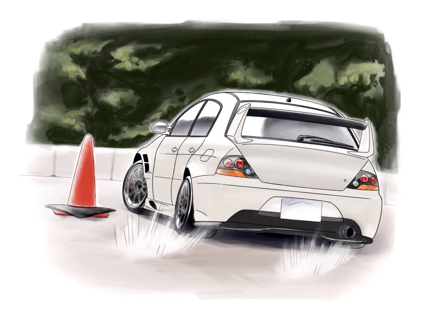 autocross car grey_car highres k.tofu mitsubishi_lancer_evolution mitsubishi_motors motion_lines motor_vehicle no_humans original shadow spoiler_(automobile) traffic_cone tree vehicle_focus