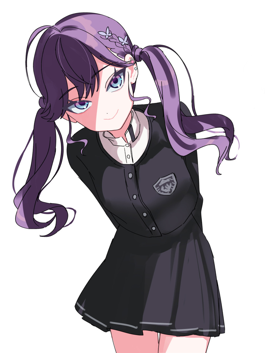 1girl absurdres ahoge arms_behind_back black_jacket black_skirt braid butterfly_hair_ornament commentary gakuen_idolmaster gokugetsu_academy_school_uniform hair_ornament head_tilt highres idolmaster jacket kanipoposu kaya_rinha long_hair looking_at_viewer purple_hair school_uniform shirt simple_background skirt smile solo twintails very_long_hair white_background white_shirt