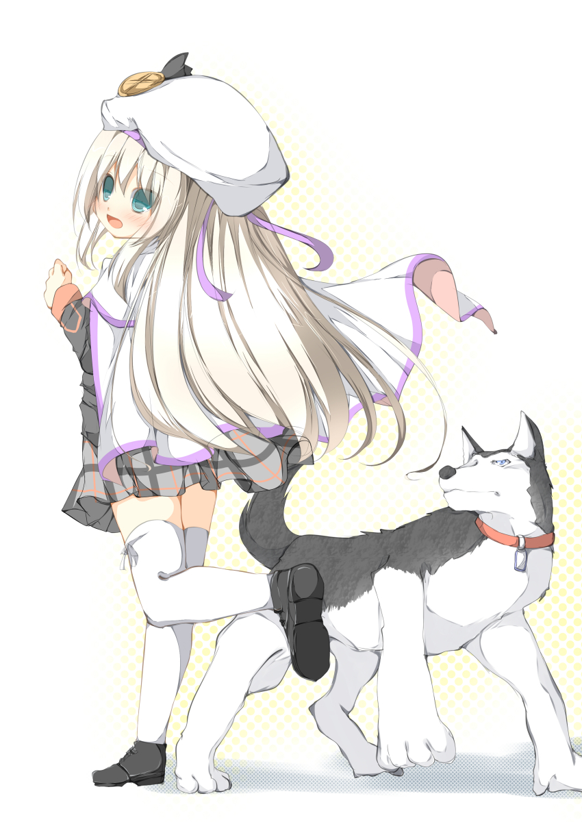 1girl absurdres bad_id bad_pixiv_id blue_eyes dog from_behind hat highres little_busters! looking_back noumi_kudryavka school_uniform silver_hair strelka tabuchi_(tabuchisanchi) tabuchisan thighhighs