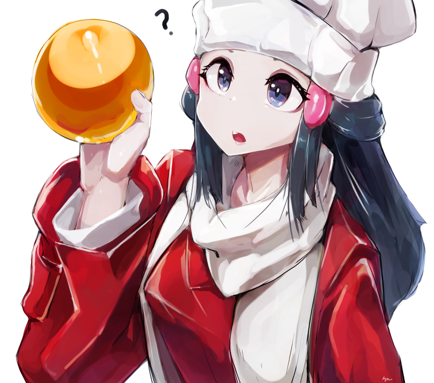 1girl ? absurdres artist_name ball beanie blue_eyes blue_hair breasts coat dawn_(pokemon) female_focus gold hair_ornament hairclip hand_up hat highres holding holding_ball long_hair long_sleeves looking_up my700 nintendo open_mouth pokemon pokemon_dppt pokemon_platinum red_coat scarf shirt signature simple_background small_breasts solo teeth upper_body white_background white_hat white_scarf white_shirt
