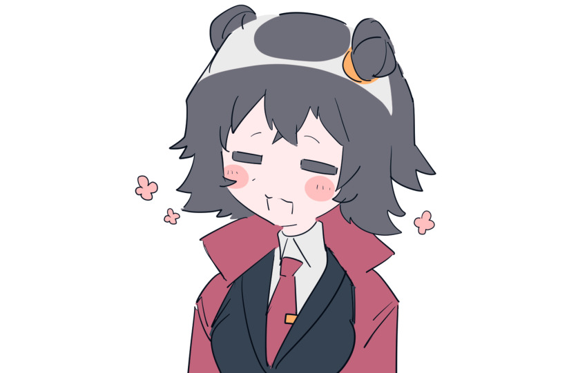1girl :3 black_hair black_jacket blush closed_eyes coat collared_shirt double_bun hair_bun jacket library_of_ruina madotsuki_ren medium_hair mei_(project_moon) necktie open_mouth project_moon red_coat red_necktie shirt simple_background smile solo tie_clip white_background white_shirt wing_collar