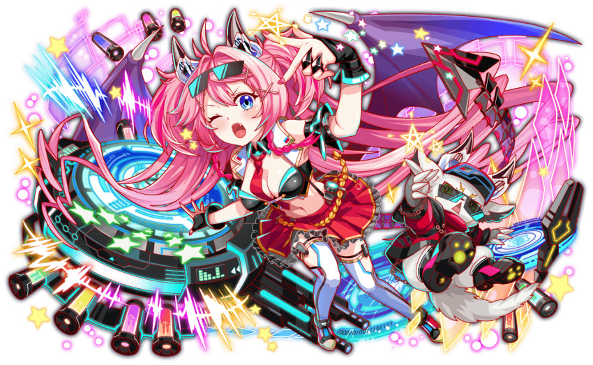 1girl adapted_costume alternate_costume ankle_boots antenna_hair aqua_eyes aqua_trim arm_belt artist_request bare_shoulders baseball_cap bat_wings belt belt_buckle black_belt black_bra black_collar black_gloves black_skirt black_straps blush boots bow bra braid breasts buckle cel_shading chain cleavage clothing_cutout collar colored_inner_animal_ears crash_fever creature detached_collar detached_sleeves drill_hair eyewear_on_head facial_mark fang fingerless_gloves fingernails fleming_(crash_fever) forked_eyebrows frilled_skirt frills full_body game_cg gloves glowing_clothes gradient_wings green_eyes hair_between_eyes hair_intakes hair_ornament hairclip hat hood hooded_jacket horns jacket jewelry layered_skirt leg_cutout light_particles lightning_bolt_print lightning_bolt_symbol long_hair looking_at_viewer low_wings mechanical_horns mechanical_tail medium_breasts miniskirt multicolored_footwear multicolored_jacket multicolored_wings nail_polish navel necktie number_print numbered official_alternate_costume official_art one_eye_closed open_clothes open_jacket open_mouth outline paw_print_soles pink_hair pink_nails print_skirt red_bow red_jacket red_necktie red_outline red_scarf red_skirt red_sleeves ring scarf screen see-through_skirt_layer shoe_soles single_vertical_stripe skirt sleeveless solo_focus sparkle square square_print star_(symbol) star_print striped_clothes striped_thighhighs sunglasses suspender_skirt suspenders tachi-e tail teeth thigh_strap thighhighs third-party_source tongue transparent_background triangle_mouth twin_braids twin_drills two-tone_jacket two_side_up underwear upper_teeth_only v-shaped_eyebrows vertical-striped_clothes vertical-striped_thighhighs very_long_hair white_collar white_tail white_thighhighs wings wink_star x_hair_ornament yellow_trim