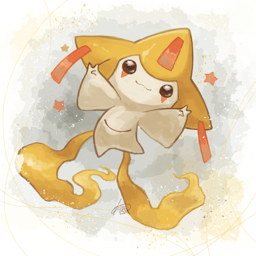 closed_mouth commentary_request full_body gen_3_pokemon happy highres jirachi legendary_pokemon mythical_pokemon nintendo no_humans outstretched_arms pokemon pokemon_(creature) signature smile star_(symbol) warabimoti168