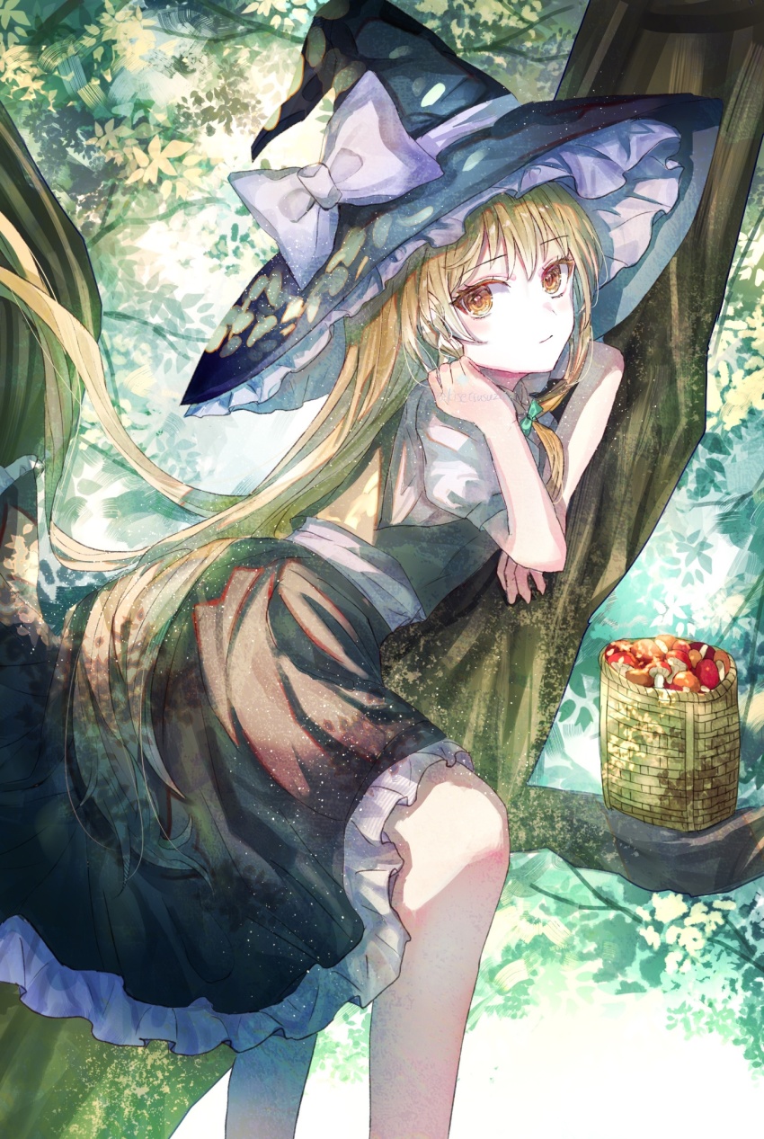 1girl basket black_skirt blonde_hair bow braid closed_mouth commentary_request green_bow hair_bow hair_spread_out hat hat_bow highres in_tree kirisame_marisa long_hair looking_at_viewer marisa_day mushroom short_sleeves side_braid single_braid sitting sitting_in_tree skirt solo suzushina touhou tree twitter_username very_long_hair white_bow witch_hat yellow_eyes