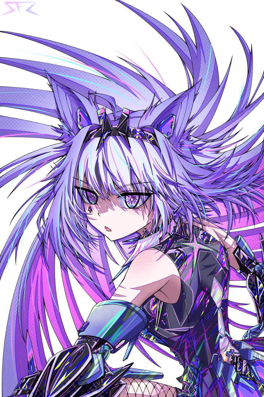 1girl absurdres animal_ears black_bodysuit black_hairband bodysuit colored_inner_hair cross-shaped_pupils facial_tattoo grey_hair hair_intakes hairband heterochromia highres joints looking_at_viewer mechanical_arms mechanical_ears meteorgale mismatched_pupils multicolored_hair no._21:_feral_scent_(pgr) no._21_(pgr) open_mouth punishing:_gray_raven purple_hair robot_joints solo spade_(shape) spade_tattoo symbol-shaped_pupils tattoo white_background wolf_ears