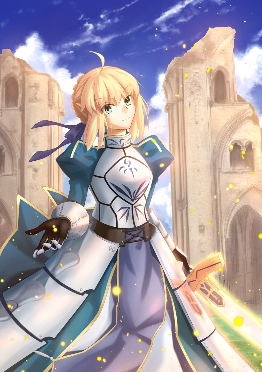 1girl ahoge andychen662000 armor armored_dress armored_gloves artoria_pendragon_(fate) blonde_hair blue_bow blue_sky bow braid braided_bun bun_with_braided_base cloud dress excalibur_(fate/stay_night) fate/stay_night fate_(series) gauntlets glastonbury_abbey green_eyes hair_bow hair_bun highres holding holding_sword holding_weapon outdoors real_world_location saber_(fate) sidelocks sky solo sword weapon