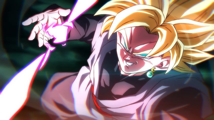 1boy blonde_hair blue_eyes chromatic_aberration commentary_request dragon_ball dragon_ball_super earrings evil_grin evil_smile from_above furrowed_brow goku_black grin jewelry male_focus potara_earrings rom_(20) smile solo super_saiyan super_saiyan_1 v-shaped_eyebrows