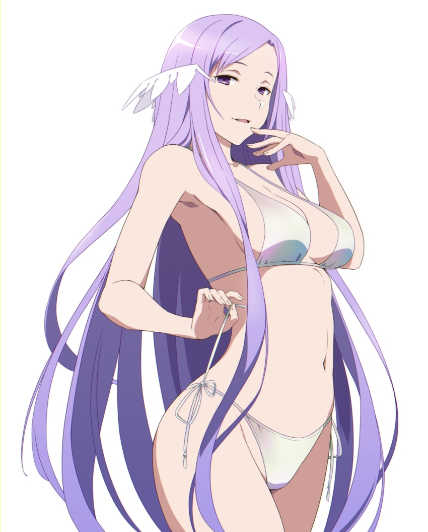 1girl bikini breasts highres long_hair looking_at_viewer medium_breasts open_mouth puge purple_eyes purple_hair quinella simple_background smile solo swimsuit sword_art_online sword_art_online:_alicization very_long_hair white_background white_bikini