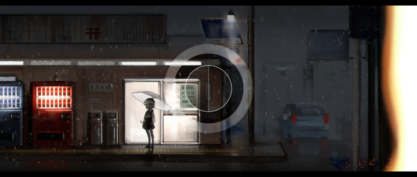 1girl absurdres backlighting beret black_skirt car collared_shirt commentary convenience_store dated_commentary hair_rings hat hatoba_tsugu highres holding holding_umbrella lamppost letterboxed long_sleeves looking_at_viewer motor_vehicle neck_ribbon night open_mouth outdoors pantyhose rain rei_ki_kai_hou ribbon segment_display shadow shirt shirt_tucked_in shop short_hair sidewalk sign single_hair_ring skirt smile solo standing suspender_skirt suspenders tactile_paving timestamp transparent transparent_umbrella tsugu_(vtuber) umbrella vending_machine viewfinder virtual_youtuber white_pantyhose white_shirt wide_shot