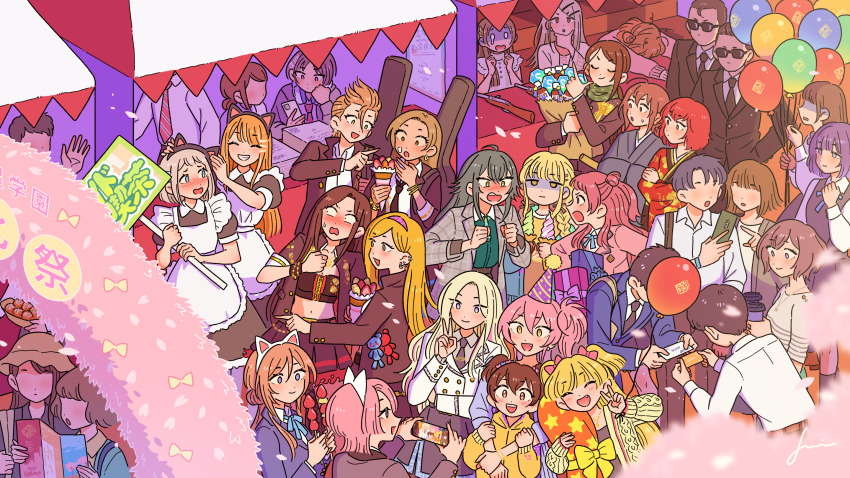 0_0 6+boys 6+girls ^_^ akagi_miria alternate_costume animal_ears apron arimura_mao balloon black_suit blank_eyes blurry blurry_foreground blush bowing business_card cat_ears cellphone cherry_blossoms closed_eyes couple crepe depth_of_field embarrassed empty_eyes enjin_(idolmaster) enmaided faceless faceless_female faceless_male fake_animal_ears falling_petals festival finger_gun food formal_clothes from_above fujimoto_rina fujita_kotone gakuen_idolmaster gigbag guitar_case hanami_saki hanami_ume happy_birthday hat hataya_misuzu hatsuboshi_gakuen_school_uniform highres himesaki_rinami holding holding_phone holding_sign hug hug_from_behind hugging_object idolmaster idolmaster_cinderella_girls in-franchise_crossover instrument_case jennie_congee jougasaki_mika jougasaki_rika juo_sena katsuragi_lilja kimura_natsuki kuramoto_china looking_ahead looking_at_another maid maid_apron mashiro_yu matsunaga_ryo mukai_takumi multiple_boys multiple_girls murakami_tomoe neo_asari nose_blush party_hat petals phone pointing producer_(idolmaster) school_uniform shaded_face shinosawa_hiro shiun_sumika siblings sign sisters smile suit sunglasses taking_picture thinking tsukimura_temari turn_pale v wakiyama_tamami yakuza yamato_aki