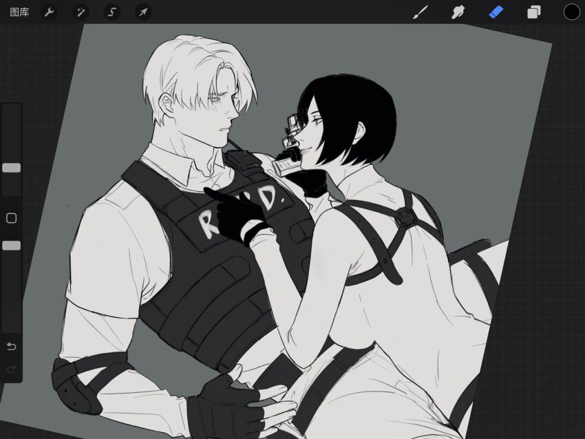1boy 1girl aaamber_22 ada_wong art_program_in_frame black_gloves black_hair blush breasts bulletproof_vest collared_shirt dress elbow_pads fingerless_gloves furrowed_brow gloves grey_background greyscale gun harness hetero highres holding holding_gun holding_weapon large_breasts leon_s._kennedy long_sleeves monochrome parted_bangs parted_lips reclining resident_evil resident_evil_4 shirt short_hair turtleneck turtleneck_dress weapon