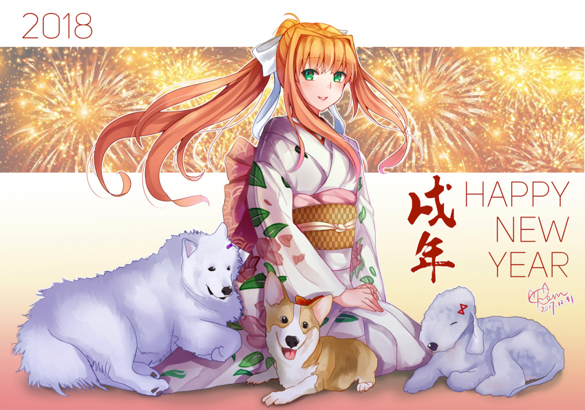 1girl 2018 alternate_costume animalization brown_hair chinese_zodiac commentary dated dog doki_doki_literature_club english_commentary fireworks green_eyes hair_ribbon happy_new_year highres japanese_clothes kevn kimono long_hair monika_(doki_doki_literature_club) natsuki_(doki_doki_literature_club) new_year obi parted_lips ponytail ribbon sash sayori_(doki_doki_literature_club) sidelocks signature smile star_(symbol) star_in_eye symbol_in_eye welsh_corgi white_ribbon year_of_the_dog yuri_(doki_doki_literature_club)