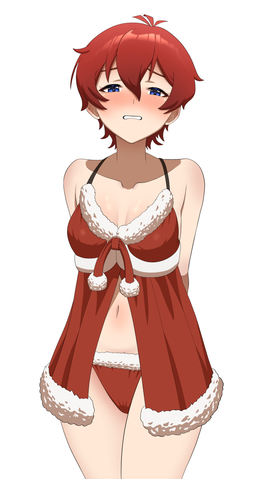 1girl absurdres arms_behind_back babydoll bare_shoulders blue_eyes blush breasts cleavage collarbone cowboy_shot embarrassed fur-trimmed_panties fur_trim hair_between_eyes half-closed_eyes highres idolmaster idolmaster_million_live! idolmaster_million_live!_theater_days jonero99 julia_(idolmaster) lingerie looking_at_viewer medium_breasts navel panties red_babydoll red_hair red_panties santa_costume santa_panties short_hair simple_background sleeveless solo standing thighs underwear white_background