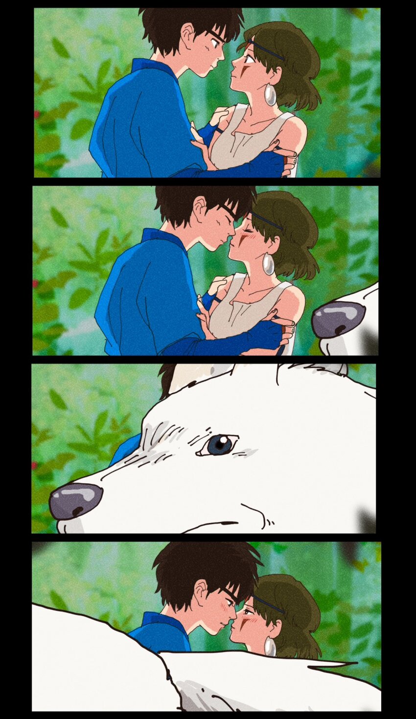 1boy 1girl 4koma ashitaka black_hair blush closed_eyes comic eye_contact facial_mark facing_another hands_on_another&#039;s_arms hetero highres implied_kiss looking_at_another mononoke_hime moro_no_ichizoku outdoors photobomb rikaco1988 san_(mononoke_hime) silent_comic time_lapse upper_body