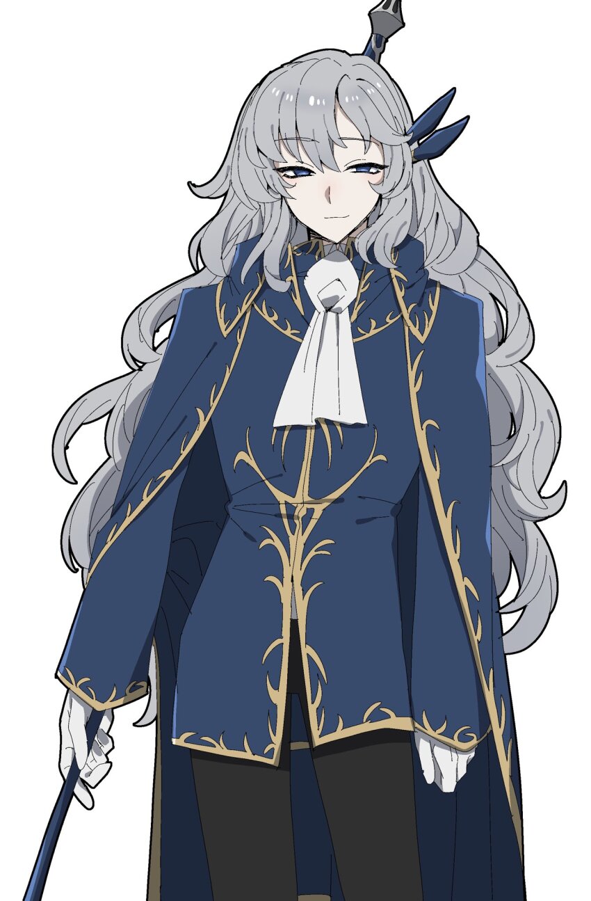 1boy argalia_(project_moon) ascot black_pants blue_cape blue_eyes blue_jacket cape closed_mouth gloves gold_trim grey_hair highres holding holding_scythe jacket library_of_ruina long_hair narrowed_eyes pants project_moon scythe sidelocks simple_background smile solo very_long_hair white_ascot white_background white_gloves yagidon