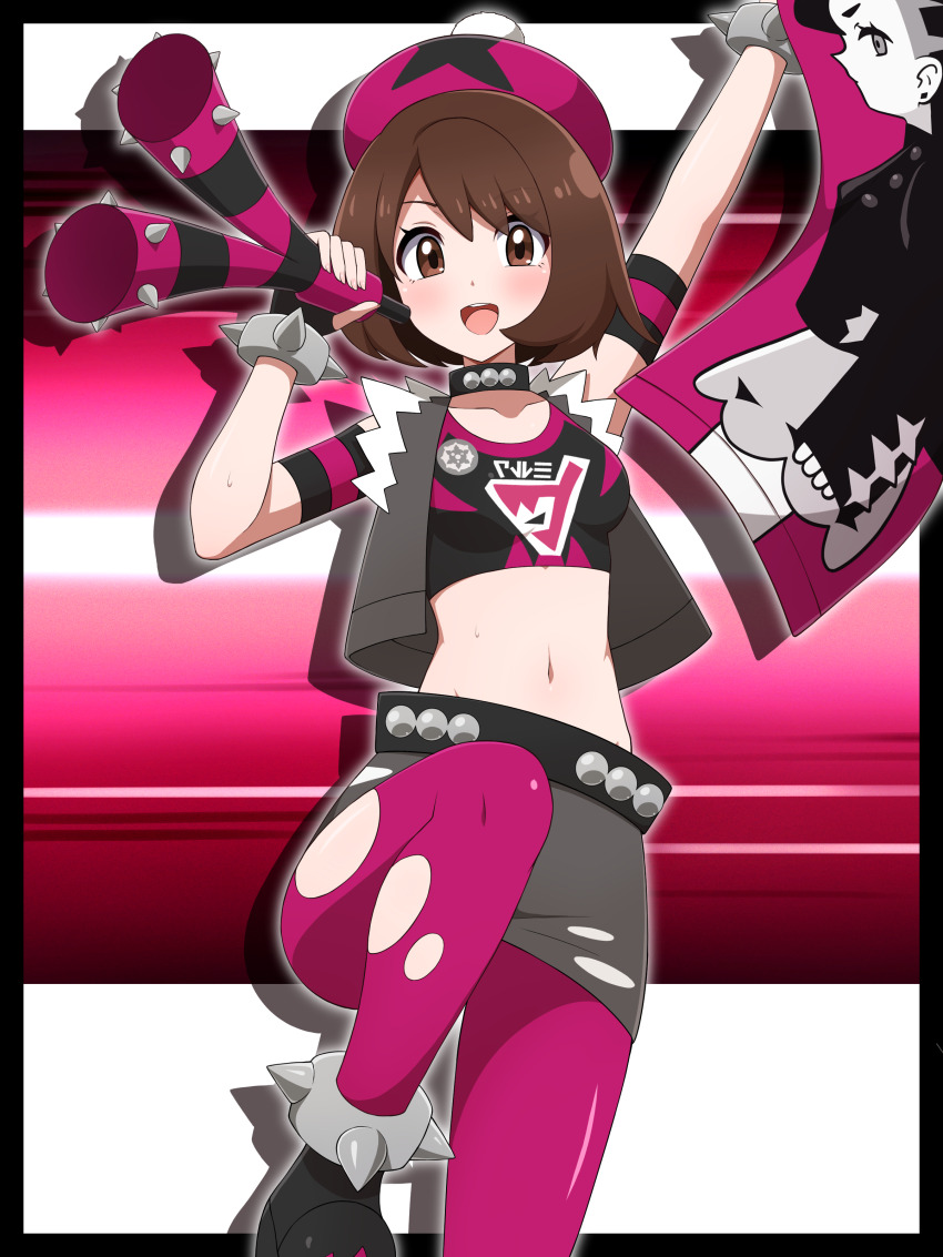 1girl :d absurdres armband belt black_boots black_choker blush boots bracelet breasts brown_eyes brown_hair choker cosplay crop_top gloria_(pokemon) gloves grey_vest hat highres holding jewelry looking_at_viewer midriff navel nintendo open_clothes open_mouth pantyhose pokemon pokemon_swsh shabana_may shirt short_hair skirt small_breasts smile solo spiked_anklet spiked_bracelet spikes standing standing_on_one_leg team_yell team_yell_grunt team_yell_grunt_(cosplay) tongue torn_clothes torn_pantyhose vest
