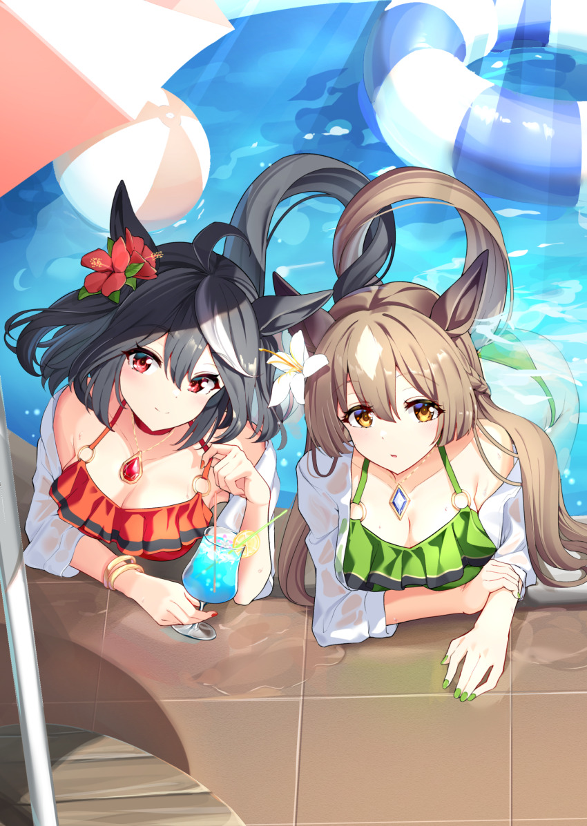 2girls animal_ears ass ball beachball bikini black_hair black_tail blush breasts brown_hair brown_tail cleavage closed_mouth commentary_request cup diamond_(shape) drinking_glass fingernails flower frilled_bikini_top green_bikini green_nails hair_flower hair_ornament highres holding holding_cup horse_ears horse_girl horse_tail jewelry kitasan_black_(umamusume) large_breasts long_hair looking_at_viewer multiple_girls nail_polish necklace poolside red_bikini red_flower red_nails satono_diamond_(umamusume) shirt short_hair smile striped_innertube sunny_(20597521) swimsuit tail two_side_up umamusume wet wet_clothes wet_shirt white_flower white_hair white_streaks