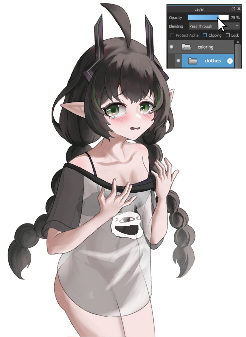 1girl ahoge black_bra black_horns blush bra braid breasts commentary cursor elf elfinpsyop english_commentary green_eyes green_hair highres horns indie_virtual_youtuber long_hair looking_at_viewer multicolored_hair pointy_ears see-through_clothes see-through_shirt shirt simple_background small_breasts solo streaked_hair tearing_up twin_braids underwear virtual_youtuber white_background yumeonkuru