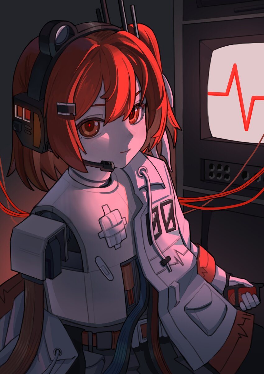 1girl a.i._voice absurdres adachi_rei bandaid bandaid_on_chest belt black_background cable ffsuda010 gauze gauze_on_chest gloves grey_skirt hair_ornament hair_ribbon hairclip headlamp highres jacket looking_at_viewer microphone orange_belt orange_eyes orange_hair pleated_skirt radio_antenna red_pupils ribbon robot side_ponytail skirt smile solo television utau white_gloves white_jacket white_ribbon