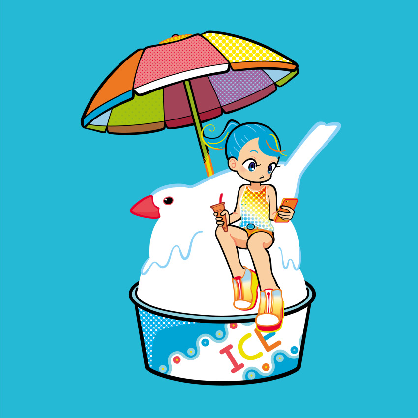 1girl absurdres beach_umbrella bird blue_background blue_eyes blue_hair cyouruide224 food highres holding holding_phone ice_cream java_sparrow multicolored_hair orange_shorts original phone ponytail shaved_ice shoes short_shorts shorts simple_background sitting sleeveless solo streaked_hair umbrella