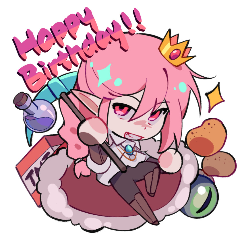 1boy androgynous animification bishounen bottle braid cape chibi chibi_only chinese_commentary commentary_request crown dream_smp english_text explosive eye_of_ender fur_trim happy_birthday highres holding humanization lilyouo long_hair long_sleeves looking_at_viewer male_focus minecraft minecraft_pickaxe minecraft_youtube pickaxe pink_hair pointy_ears potato potion red_cape red_eyes shirt smile solo technoblade tnt tnt_block_(minecraft) white_background white_shirt