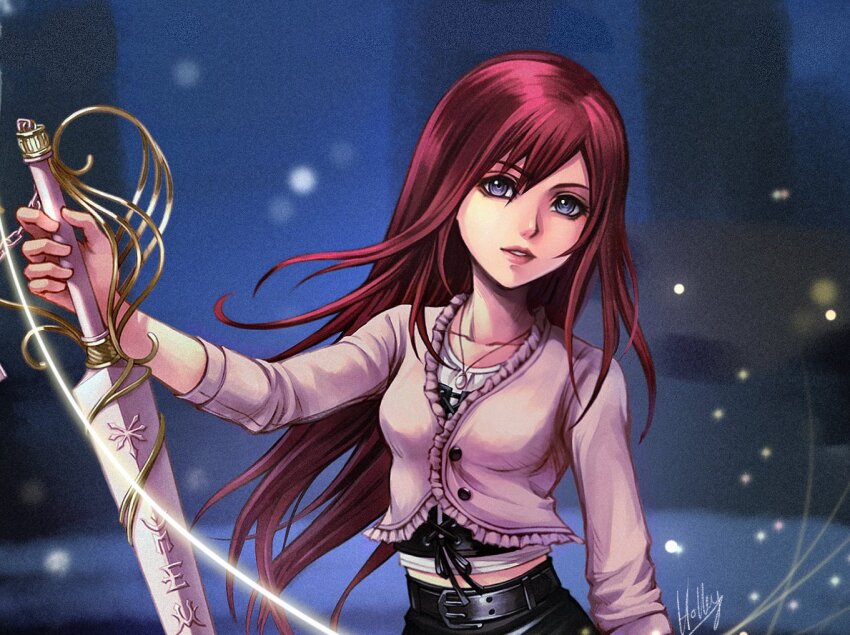 black_corset blue_eyes blurry blurry_background breasts cardigan corset hair_between_eyes holding holding_weapon hollypolllyy jewelry kairi_(kingdom_hearts) kingdom_hearts kingdom_hearts_iv long_hair looking_at_viewer medium_breasts necklace parted_bangs pink_cardigan red_hair shirt signature straight_hair upper_body weapon white_shirt