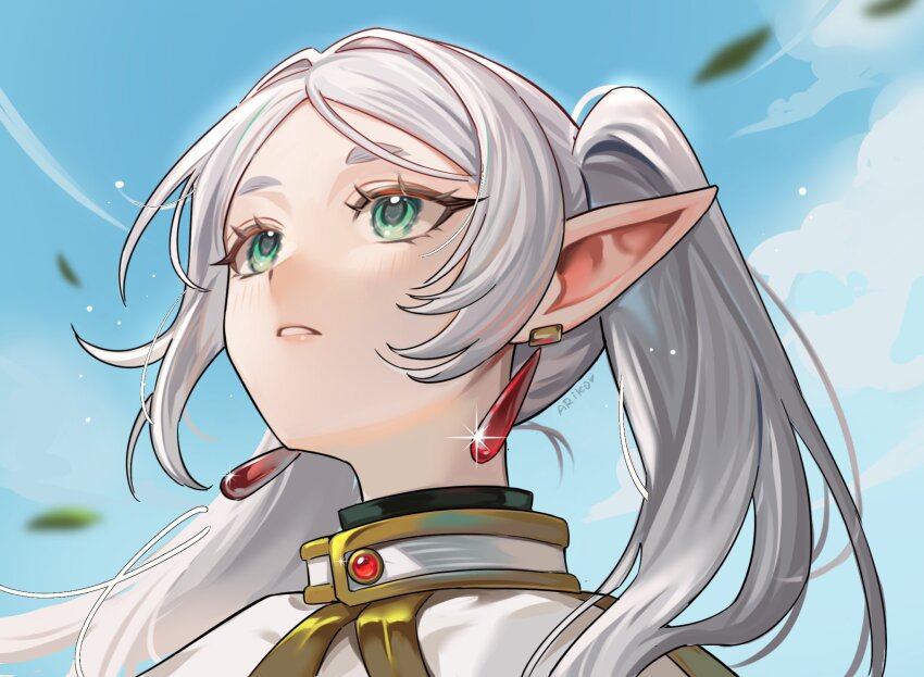 1girl ariko_(aaaaarik) blue_sky blush cloud commentary day earrings elf english_commentary eyelashes frieren green_eyes grey_hair highres jewelry leaf long_hair meme outdoors parted_lips pointy_ears signature sky solo sousou_no_frieren sparkle teardrop_earrings twintails upper_body upward_angle_frieren_drawing_(meme)