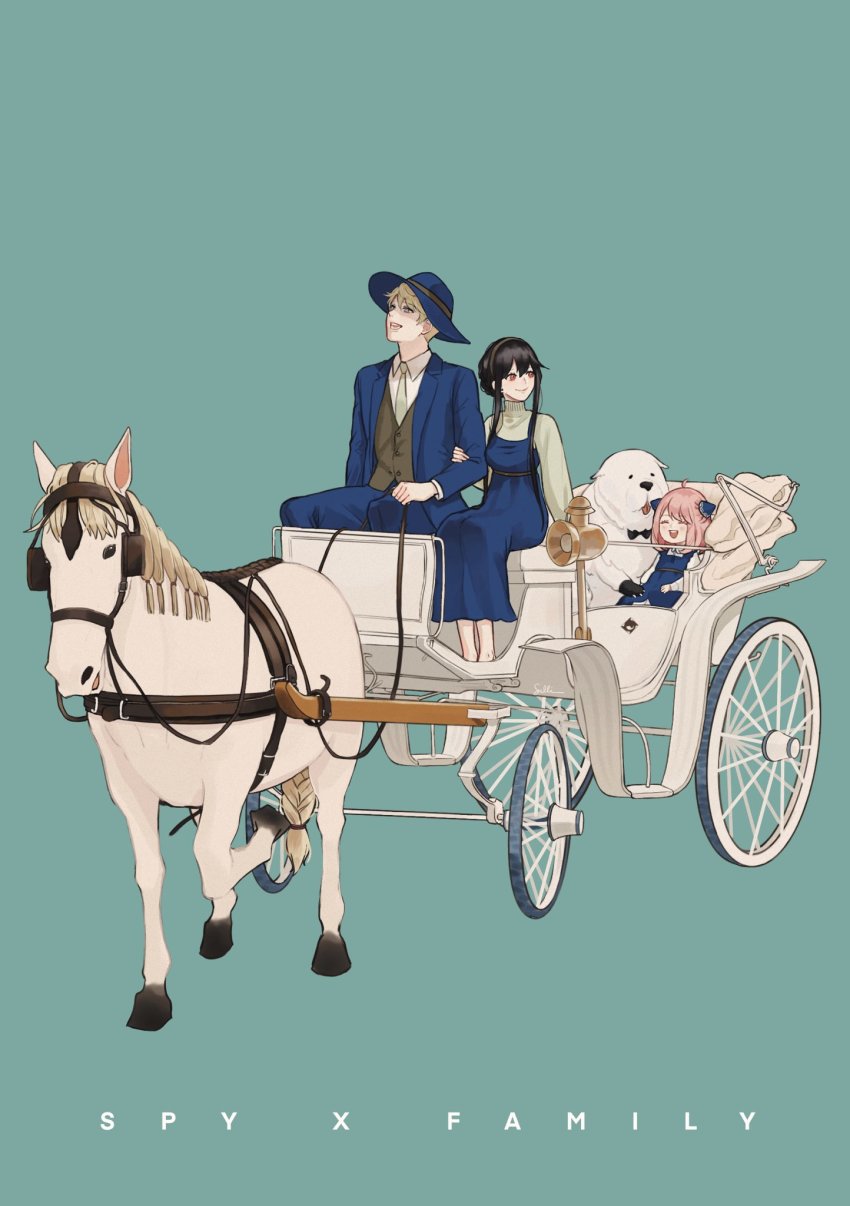 anya_(spy_x_family) blue_dress blue_suit bond_(spy_x_family) carriage cart child dress family formal_clothes great_pyrenees hat highres horse husband_and_wife locked_arms lovesulli mother_and_daughter reins spy_x_family suit twilight_(spy_x_family) victorian wagon wheel white_dress yor_briar