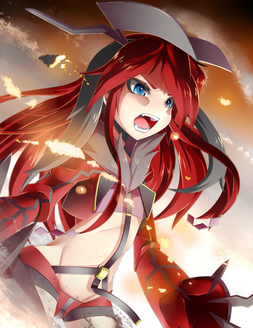 10s 1girl absurdres bad_id bad_pixiv_id black_hair blue_eyes claws fangs female_focus gen_6_pokemon highres horns kagiyama_(74297429) kagiyama_(clave) legendary_pokemon long_hair midriff multicolored_hair nintendo open_mouth personification pokemon pokemon_xy red_hair solo two-tone_hair yveltal