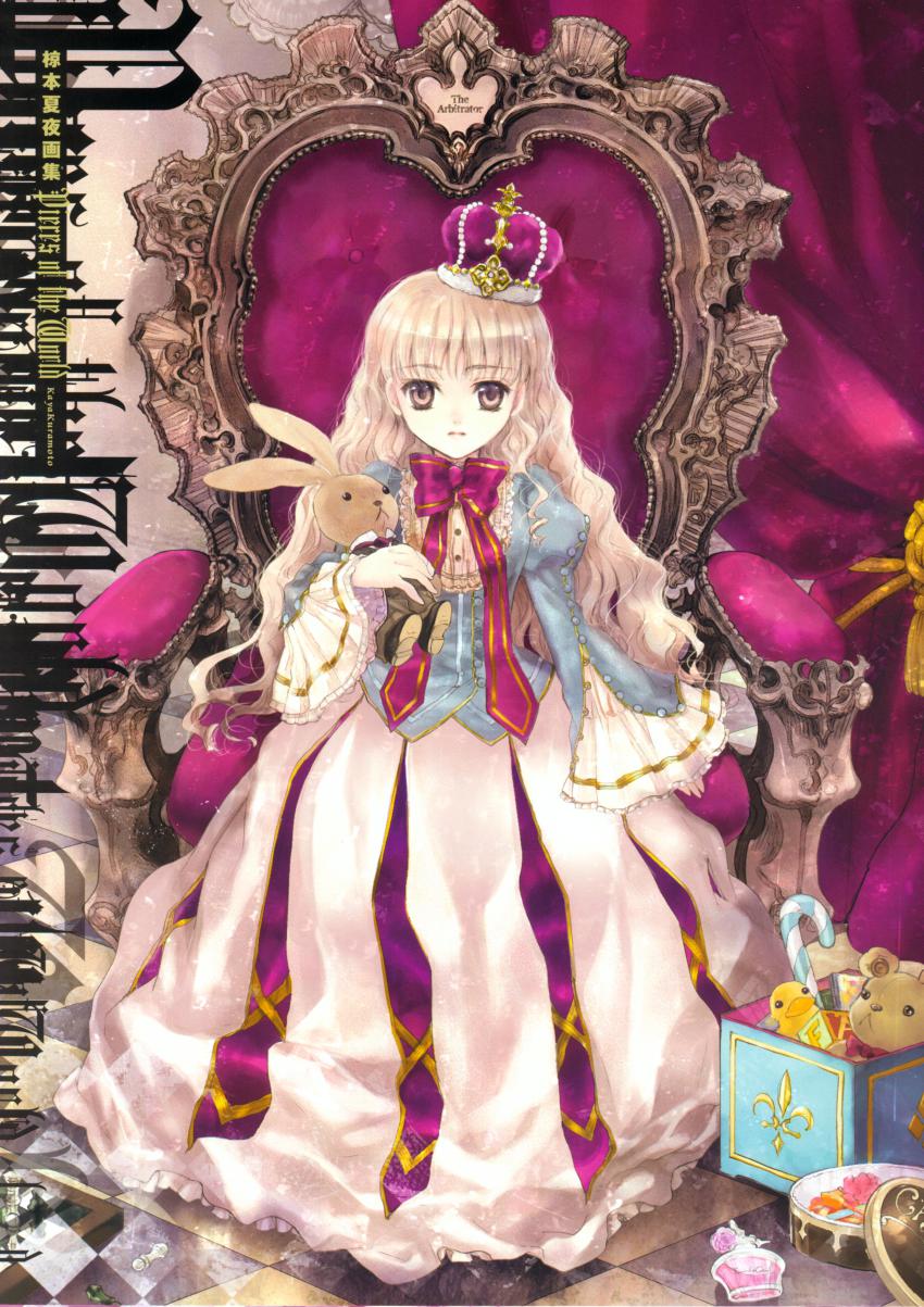 1girl absurdres blonde_hair brown_eyes crown dress female_focus gown highres kuramoto_kaya long_hair princess rabbit red_crown solo stuffed_animal stuffed_rabbit stuffed_toy teddy_bear throne toybox