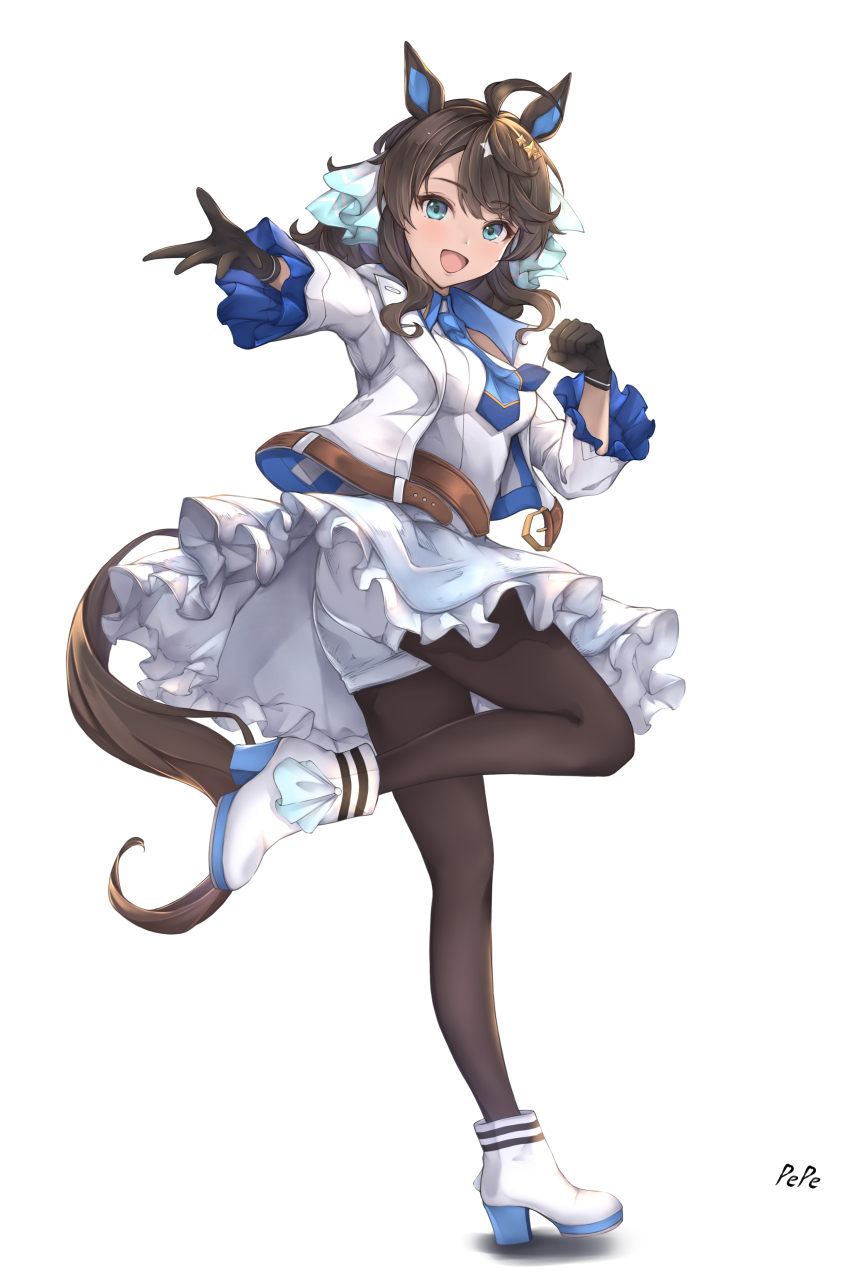 absurdres ahoge animal_ears artist_name ass belt black_hair blue_eyes breasts daring_tact_(umamusume) full_body gloves highres horse_girl jacket long_hair looking_at_viewer medium_breasts necktie open_mouth pantyhose peperoncino-sama shoes standing standing_on_one_leg umamusume