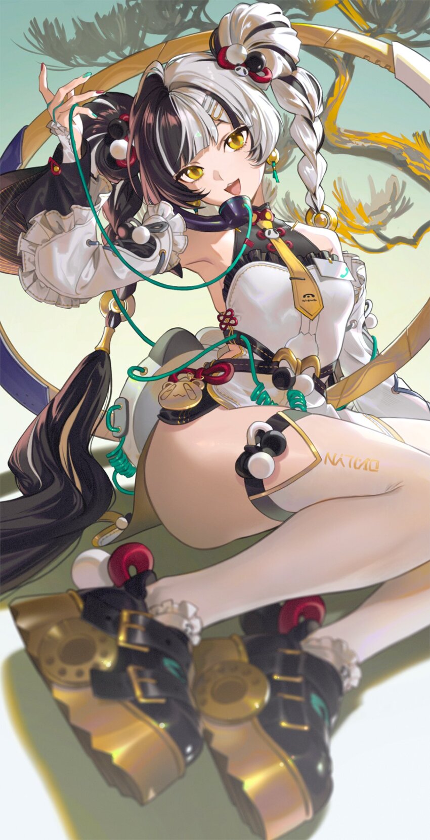 1girl absurdres bare_shoulders black_hair black_shoes china_dress chinese_clothes commentary detached_sleeves dialyn_(zenless_zone_zero) dress english_commentary highres kyo_zip long_hair long_sleeves looking_at_viewer multicolored_hair necktie open_mouth second-party_source shoes smile solo split-color_hair thighhighs very_long_hair white_dress white_hair white_thighhighs yellow_eyes yellow_necktie zenless_zone_zero