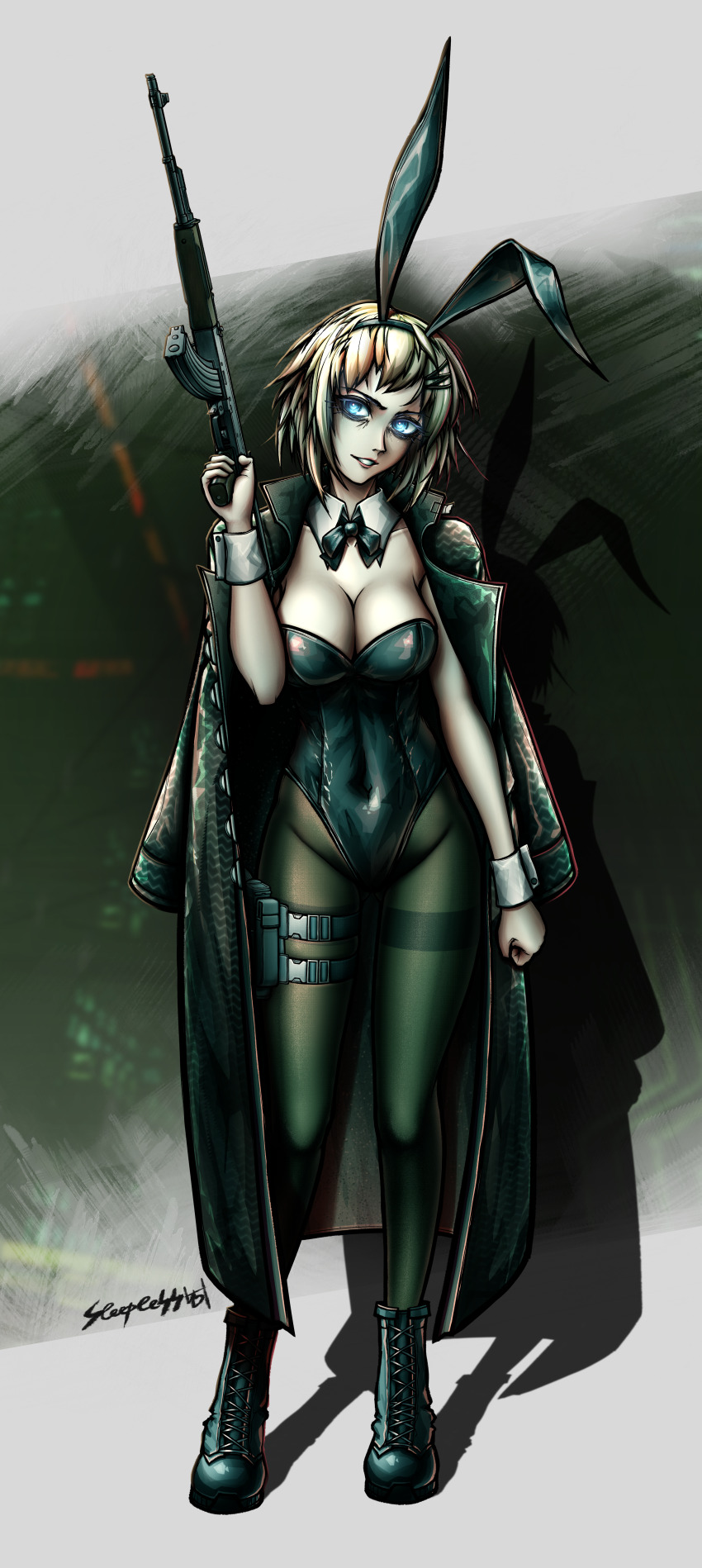 1girl absurdres ak-47 animal_ears assault_rifle bags_under_eyes black_boots black_leotard blue_eyes boots breasts coat coat_on_shoulders covered_navel detached_collar fake_animal_ears full_body gun hair_ornament hairclip highleg highleg_leotard highres holding holding_gun holding_weapon kalashnikov_rifle leotard looking_at_viewer marie_(peripeteia) medium_breasts pale_skin pantyhose peripeteia playboy_bunny rabbit_ears rifle short_hair sleepless451 solo strapless strapless_leotard trench_coat triangle_button weapon white_hair wrist_cuffs
