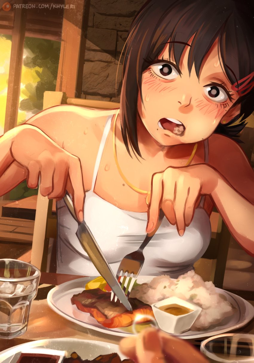 1girl absurdres bare_shoulders black_hair blush breasts chainsaw_man commentary eating english_commentary eyelashes fish food food_in_mouth fork fruit hair_ornament hairclip higashiyama_kobeni highres jewelry khyle. knife lemon long_hair looking_at_viewer marriage_proposal mole mole_under_eye mole_under_mouth necklace nervous_sweating open_mouth plate ponytail pov pov_dating pov_hands rice ring shirt short_ponytail simple_background sleeveless solo surprised sweat tank_top wedding_ring white_shirt