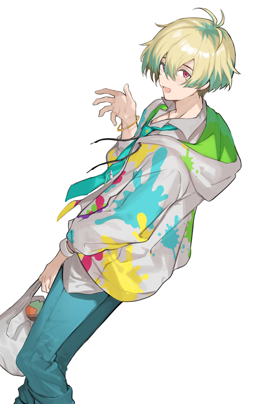1boy absurdres blonde_hair bracelet hair_between_eyes hanazono_momohito hayama_eishi heart_on_cheek highres hood hoodie idolmaster idolmaster_side-m idolmaster_side-m_growing_stars jewelry light_green_hair looking_at_viewer male_focus mole mole_under_eye necktie open_mouth pants pink_eyes solo white_background