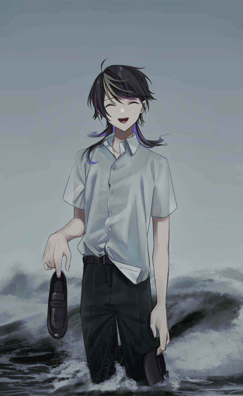 1boy :d ^_^ absurdres ahoge black_hair black_pants black_shoes brown_hair buttons closed_eyes cloud cloudy_sky collarbone collared_shirt colored_inner_hair commentary_request earrings highres holding holding_shoes holding_unworn_clothes in_water jewelry long_hair male_focus multicolored_hair nijisanji nijisanji_en open_mouth outdoors pants peridot_(periperi_8) purple_hair shirt shoes short_sleeves shu_yamino sidelocks single_earring sky smile solo standing streaked_hair swept_bangs unworn_shoes virtual_youtuber wading water waves white_shirt wing_collar