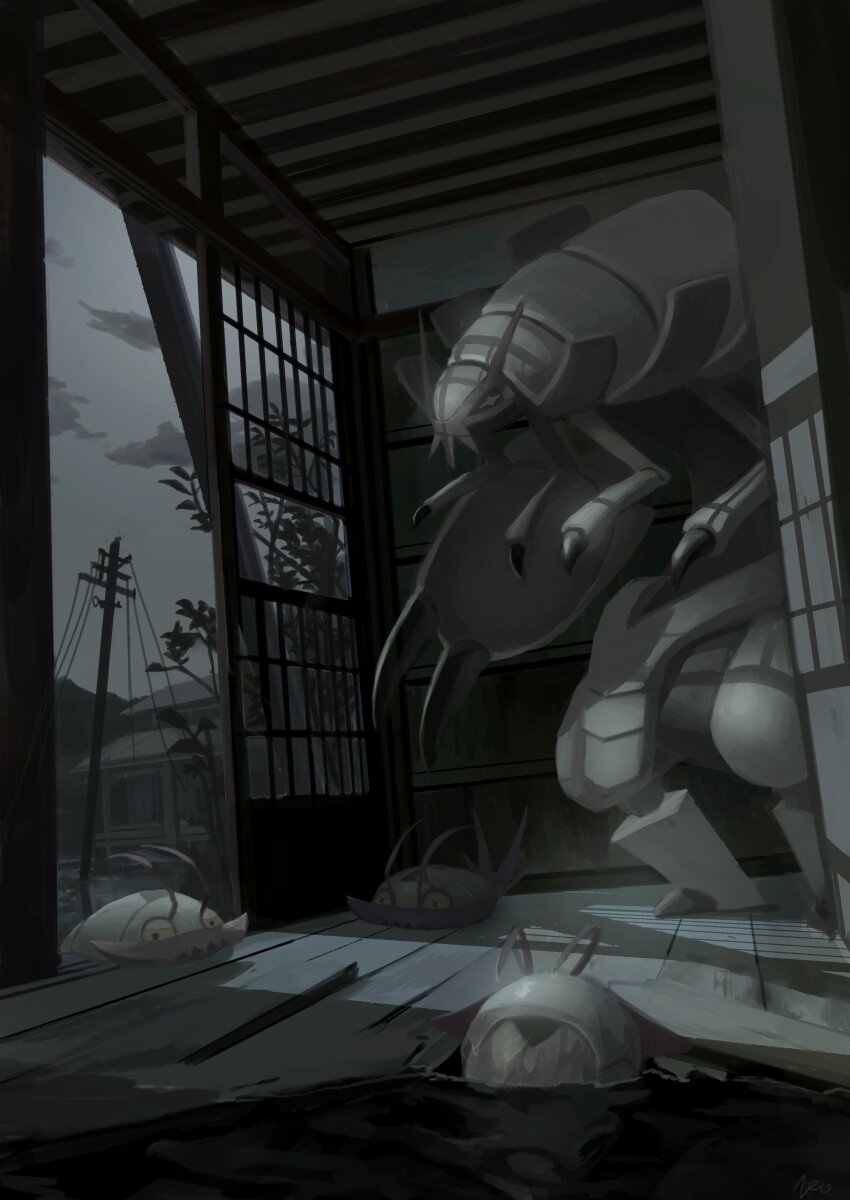 +_+ absurdres claws cloud commentary_request evolutionary_line gen_7_pokemon golisopod highres king_joe_(neoroto) looking_to_the_side nintendo no_humans pokemon pokemon_(creature) sky standing wimpod wooden_floor