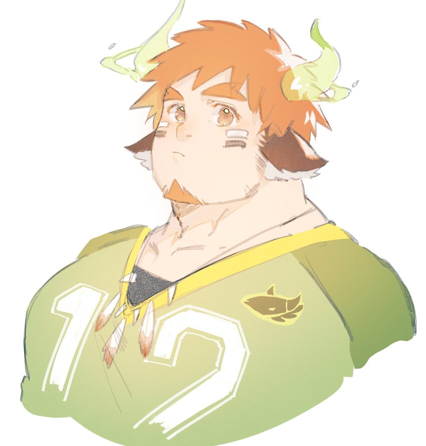 1boy animal_ears bara brown_hair cow_boy cow_ears cow_horns eye_black facial_hair fiery_horns forked_eyebrows glowing_horns goatee hashtag-only_commentary highres horns jersey jewelry kauri097 male_focus muscular muscular_male necklace portrait pout short_hair simple_background solo spiked_hair thick_eyebrows tokyo_houkago_summoners wakan_tanka white_background