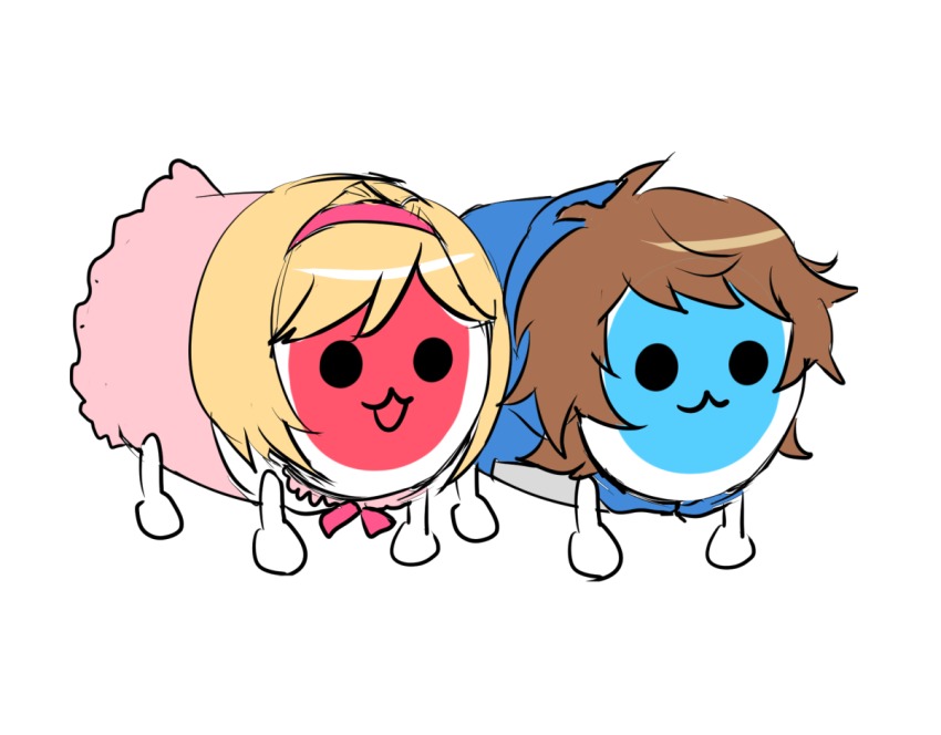:3 brown_hair cosplay djeeta_(granblue_fantasy) djeeta_(granblue_fantasy)_(cosplay) fighter_(granblue_fantasy) full_body gran_(granblue_fantasy) gran_(granblue_fantasy)_(cosplay) granblue_fantasy name_connection rojione simple_background taiko_no_tatsujin wada_don wada_katsu white_background wig