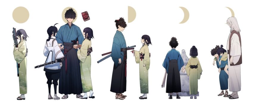 1girl 1other 2boys age_progression androgynous black_hair black_hakama blue_kimono braid braided_hair_rings carrying character_request child crescent_moon crimson_codex_(fate) fate/samurai_remnant fate_(series) from_behind full_moon gibbous_moon green_kimono hair_intakes hair_rings hakama half_moon holding holding_hands holding_sword holding_weapon japanese_clothes kimono miyamoto_iori_(fate) moon moon_phases multiple_boys new_moon ninjin_(ne_f_g_o) ogasawara_kaya old old_man piggyback progression sandals sheath sheathed single_braid socks standing sword sword_on_back topknot waraji weapon weapon_on_back white_background white_hair white_kimono white_socks yamato_takeru_(fate)