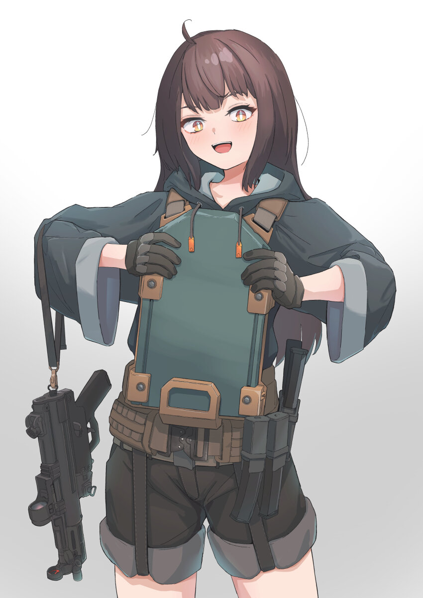 1girl :d absurdres ahoge belt black_gloves black_hair black_hoodie blush body_armor eyelashes eyeliner flat_chest gloves gun h&amp;k_mp5k hair_between_eyes highres hood hoodie long_hair long_sleeves magazine_(weapon) makeup okapi_(yomaigoto) open_mouth original shorts sidelocks simple_background smile solo strap submachine_gun weapon white_background yellow_eyes