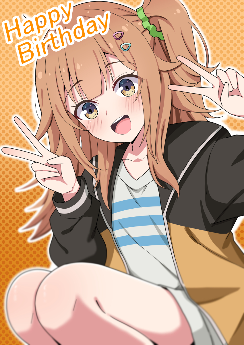 1girl absurdres blunt_bangs brown_eyes brown_hair double_v happy_birthday hibi_wa_sugiredo_meshi_umashi highres hosinonana jacket long_sleeves looking_at_viewer multiple_hair_clips ogawa_shinon open_clothes open_jacket open_mouth shirt side_ponytail smile solo squatting t-shirt teeth upper_teeth_only v white_shirt