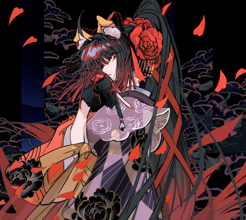 1girl ahoge animal_ear_fluff animal_ears black_gloves black_hair breasts calligraphy_brush checkered_clothes checkered_kimono dog_ears endo_(takolegs) fate/grand_order fate_(series) flower gloves gradient_hair hair_flower hair_ornament hair_ribbon highres japanese_clothes kimono kyokutei_bakin_(fate) kyokutei_bakin_(second_ascension)_(fate) long_hair long_sleeves looking_at_viewer multicolored_hair paintbrush petals ponytail red_eyes red_hair red_ribbon ribbon sash sidelocks solo very_long_hair wide_sleeves