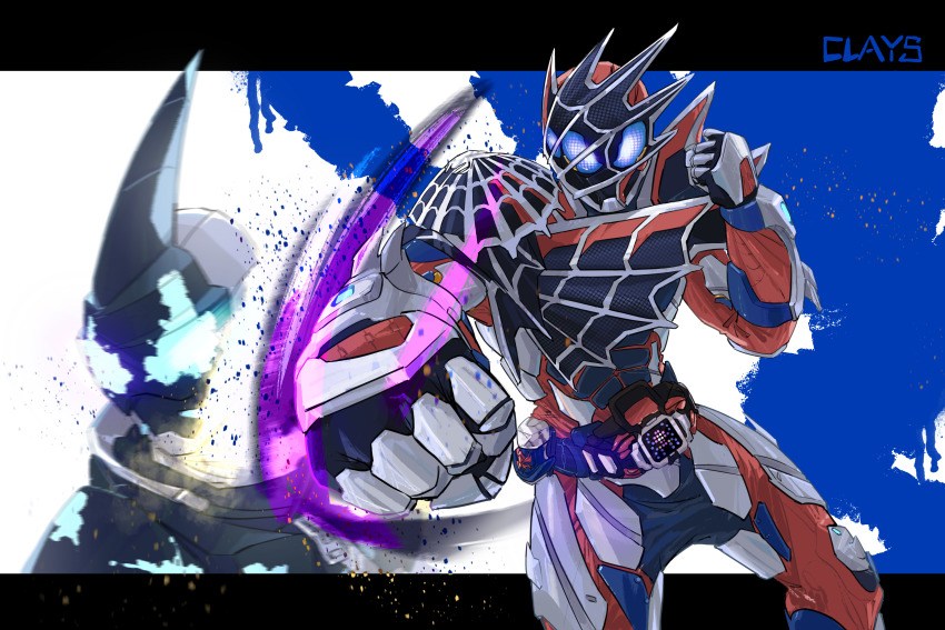 2boys absurdres armor bat_(animal) bat_genome black_armor blue_armor blue_eyes boots clays_(clayschan) clenched_hand commentary_request compound_eyes demons_driver evilblade fighting gloves glowing glowing_eyes highres horns kamen_rider kamen_rider_demons kamen_rider_evil kamen_rider_revice kicking letterboxed male_focus motion_blur multiple_boys punching red_armor rider_belt rivalry rivalry shadow silk silver_footwear silver_gloves single_horn spider_genome spider_web spider_web_print spikes splatter splatter_print standing tokusatsu weapon white_armor yellow_background