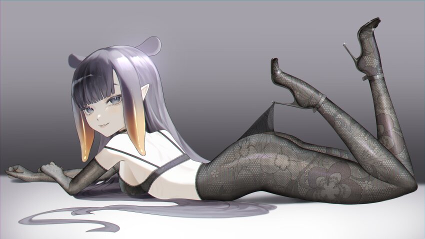 1girl absurdres ass black_bra black_gloves bra breasts elbow_gloves feet_up gloves gradient_hair grey_eyes high_heels highres hololive hololive_english hooked_on_heel izume_me lace_pantyhose lace_pantyhose_hooked_on_heel_(meme) lying meme multicolored_hair ninomae_ina&#039;nis on_stomach orange_hair pantyhose purple_hair small_breasts solo tentacle_hair the_pose underwear virtual_youtuber