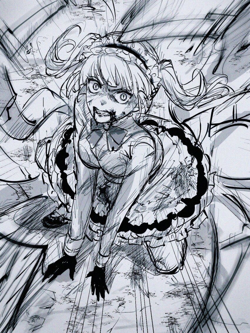 1girl angry blood blood_from_mouth blunt_bangs bow bowtie frilled_hairband frills green_eyes hairband heaven_burns_red highres kulfiq monochrome purple_bow ribbon shirt skirt sugawara_chie twintails white_hair white_shirt